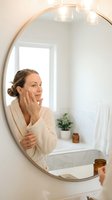 Young Caucasian woman in white bathrobe applying skincare cream while looking in round bathroom mirror during morning routine with natural lighting.