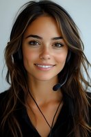 Young Hispanic woman wearing headset smiling at camera. Customer service representative with natural makeup and long brown hair in professional setting.