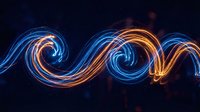 Glowing neon wave pattern with blue and orange light trails flowing across dark background, suitable for digital design, motion graphics, and modern visual effects.