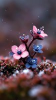 Delicate pink and blue wildflowers with morning dew drops sparkle against dark background, creating magical macro nature photography composition with bokeh effect.