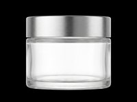 Transparent glass cosmetic jar with brushed silver metal lid, isolated on transparent background. Ready for product design, packaging mockups, e-commerce, print-on-demand, and sublimation projects.