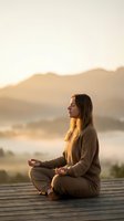 Young woman practicing meditation in lotus position on wooden deck during golden hour sunset with mountain landscape background for wellness content.