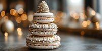Elegant stacked macarons with gold sprinkles against blurred festive lights, creating luxurious dessert presentation for holiday celebrations.