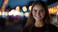 Young Caucasian woman smiling at camera with colorful bokeh lights in background during evening outdoor event or festival atmosphere.