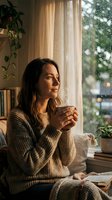 Young Caucasian woman in cozy sweater holding steaming mug, gazing thoughtfully at rain-streaked window in warm, plant-filled living room.
