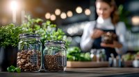 Glass jars filled with coffee beans and ground coffee on wooden counter with fresh herbs and blurred barista background creating cozy cafe atmosphere.