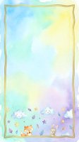 Watercolor pastel background with gold frame, cute fox and bunny, smiling clouds and stars, soft rainbow colors for baby shower or nursery design.