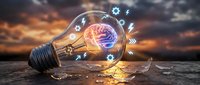 Broken lightbulb with glowing brain and gear icons inside, representing innovation, creativity, and problem-solving concepts for business and technology.