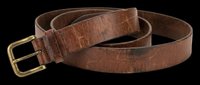 Vintage brown leather belt with brass buckle, isolated on transparent background. Ready for t-shirt design, clipart, print-on-demand products, stickers, and sublimation projects.