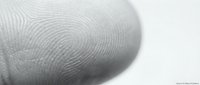 Close-up macro view of human fingertip showing detailed fingerprint ridges and skin texture patterns in black and white monochrome style.