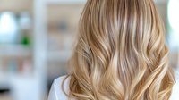 Blonde wavy hair with natural highlights and balayage technique shown from behind, demonstrating professional hairstyling and coloring result in salon interior.