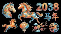 Colorful Chinese New Year 2038 Year of the Horse sticker set, isolated on transparent background, ready for clipart, sublimation, t-shirt design, and print on demand use.