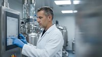 Middle-aged Caucasian male scientist in white lab coat operating touchscreen control panel in modern pharmaceutical manufacturing facility.