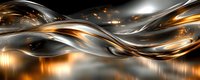 Abstract flowing metallic waves with gold and silver tones creating dynamic movement against dark background, suitable for luxury branding.