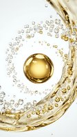 Golden oil drop surrounded by swirling liquid and bubbles on white background, evoking luxury skincare serum and cosmetic product concepts.