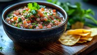 Fresh pico de gallo salsa with diced tomatoes, onions, cilantro and jalapeno peppers in black bowl, served with corn tortilla chips on wooden board.