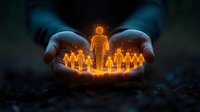 Protective hands cupping glowing orange human figures representing leadership, teamwork and community support in business management concept.