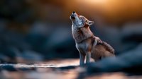 Wild wolf howling at sunset in natural habitat with warm golden light creating dramatic silhouette against blurred background for wildlife photography projects.