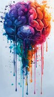 Colorful brain with dripping paint effect showing left and right hemispheres in contrasting blue and orange tones with splatter and watercolor texture.