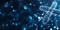 Glowing cross made of bright blue particles against dark background with bokeh lights creates spiritual atmosphere. For religious and faith concepts.