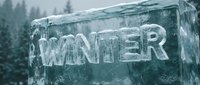Word WINTER carved into a transparent ice block with snowy forest background, capturing the cold frozen season atmosphere.