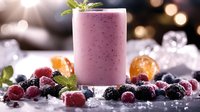 Fresh berry smoothie with mixed berries and mint garnish on dark surface with bokeh lights background for healthy lifestyle and nutrition concepts.