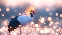 Crowned crane bird standing in magical morning light with bokeh effect and glowing particles creating dreamy nature atmosphere at sunrise.