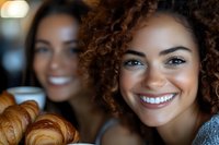 Two happy young African American women smiling at camera in bakery with fresh croissants, friendship and small business concept.