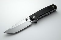 Folding tactical knife with carbon fiber handle and polished stainless steel blade on light gray background, isolated product photography for outdoor equipment catalogs.