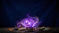 Glowing purple crystal orb surrounded by swirling magical energy and mystical smoke, surrounded by dried herbs and botanicals on wooden surface for fantasy and occult designs.