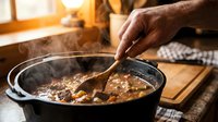Male chef stirring beef stew in cast iron skillet with wooden spoon in warm kitchen lighting for culinary cooking and food preparation concepts.