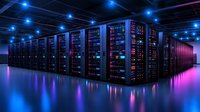 Server room with rows of black server racks illuminated by blue and pink neon lights, reflecting on polished floor. Data center infrastructure for cloud computing and network management.