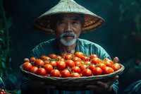 Senior Asian farmer in traditional conical hat holding large basket of fresh red ripe tomatoes, displaying proud harvest against dark green garden background.