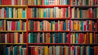 Colorful collection of books arranged on wooden library shelves, perfect for education, literature, and knowledge concepts. Academic or bookstore interior background.