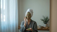 Young Asian woman in bathrobe with white towel on head applying green face mask in bright bathroom for skincare routine and self-care wellness.