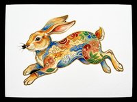 Colorful ornate rabbit leaping, decorated with floral and swirl patterns, isolated on transparent background, ready for stickers, t-shirt design, and print on demand.
