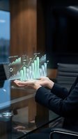 Businessman holding holographic financial charts and graphs showing growth data analytics in modern office environment for business presentations.
