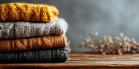 Stack of cozy knitted sweaters in autumn colors on wooden surface with dried flowers, creating warm seasonal atmosphere.