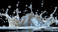 White milk splash crown with droplets against black background, dynamic liquid motion captured in high speed photography showing fluid dynamics and splashing effect.