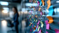 Colorful sticky notes and glass sphere reflection in modern office hallway with blurred businesswoman walking in background, creative workspace atmosphere.