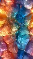 Abstract crystalline structure with orange and blue gradient colors, glowing fragments creating dynamic light pattern with sparkles and reflections. Suitable for backgrounds.