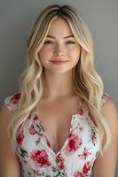 Young Caucasian woman with long blonde wavy hair wearing floral summer dress smiling at camera against neutral background, natural makeup and soft lighting portrait.