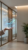 Professional in business attire holding holographic data analytics display with upward trending graphs and financial metrics in modern office environment with glass partitions.