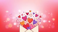 Open envelope releasing colorful hearts and swirls on pink gradient background with bokeh lights for romantic greeting cards and love messages.