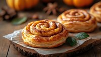 Fresh baked cinnamon rolls with swirled filling on rustic wooden board, decorated with autumn pumpkins and green leaves, warm morning pastry photography.