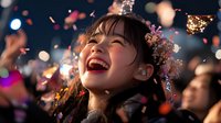Young Asian woman laughing joyfully at night festival with colorful lights and confetti falling around her face during outdoor celebration event.
