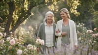 Two senior women, one with white hair and one with blonde hair, both Caucasian, stroll arm-in-arm through a blooming garden filled with pink roses and lavender flowers during golden hour sunlight filtering through trees.
