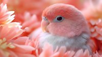 Adorable pink baby bird nestled among soft coral flower petals in dreamy pastel tones, perfect for nursery decor, greeting cards, and spring designs.