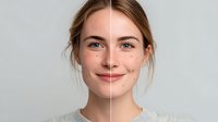 Young Caucasian woman with natural freckles in before and after comparison showing skin retouching effect against neutral gray background.