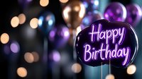 Glowing neon happy birthday sign with purple and gold balloons against dark background with festive bokeh lights creating magical celebration atmosphere.